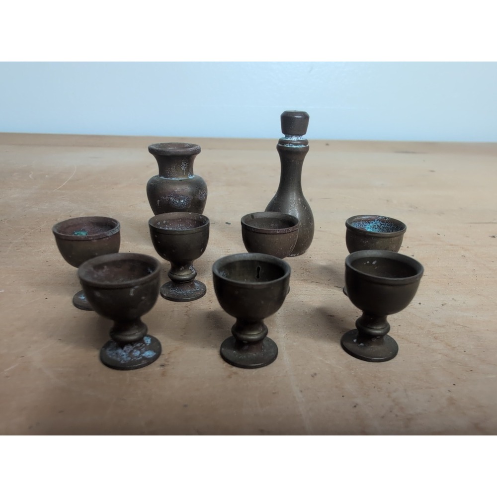 Vintage Lot Of 7 Mini Brass Goblets + Decanter + Case 0.75"- 1.75"